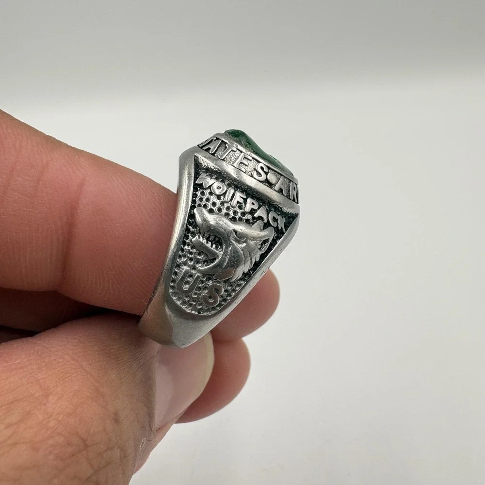 Stainless Steel United States Army Wolfpack Signet Ring Mens Size 10 Green Stone